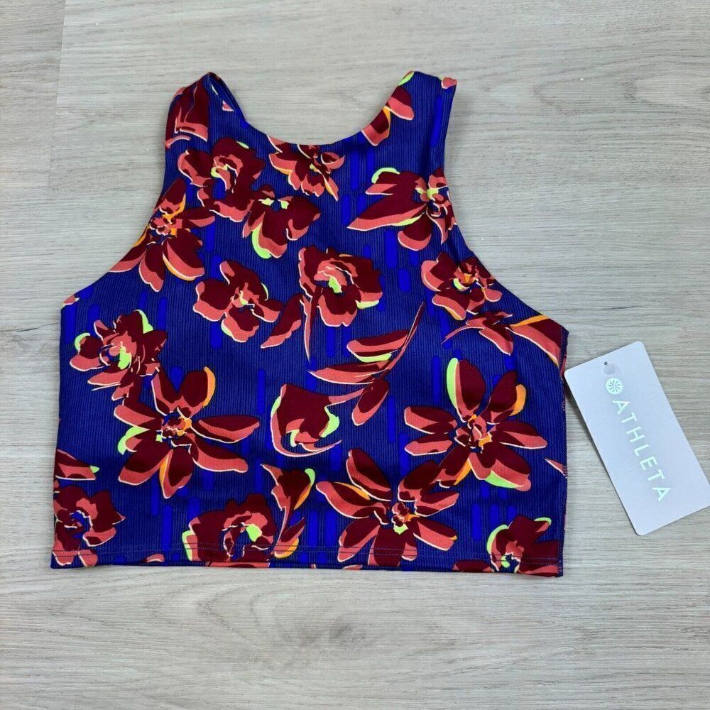 ATHLETA Conscious Crop Printed A-C Top Size XS Blue Floral‎ Print